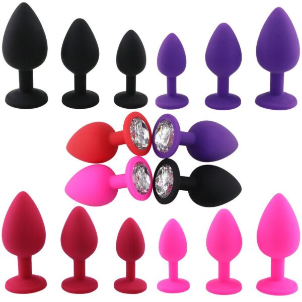 Plug anal de silicone nas cores preto, roxo, vermelho e rosa