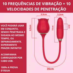 Imagem apresentando as medidas do vibrador simulador de sexo com dildo e rosa sugadora de clitoris, na cor vermelha