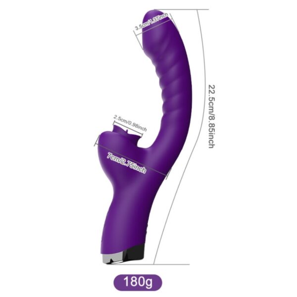 imagem do vibrador e simulador de sexo oral roxo com medidas