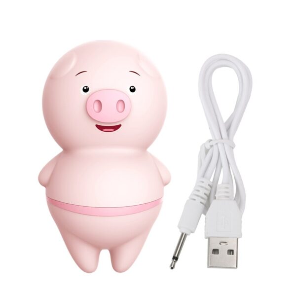 imagem do porquinho estimulador de clitoris simulador de sexo oral, mostrando um brinquedo erótico em forma de porquinho e o cabo de carregamento USB