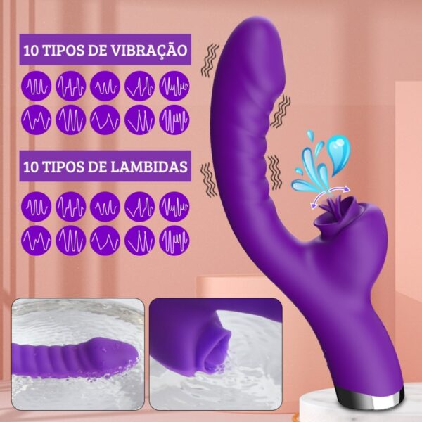 imagem do vibrador e simulador de sexo oral roxo descrevendo os 10 tipos de vibração e os 10 tipos de lambidas diferentes