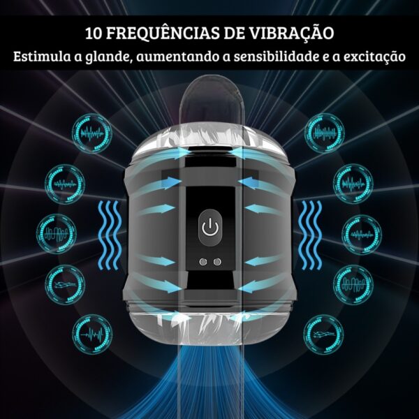 imagem do masturbador masculino eletrônico mostrando as 10 frequencias de vibração diferentes e com os dizeres: estimula a glande, aumentando a sensibilidade e a excitação