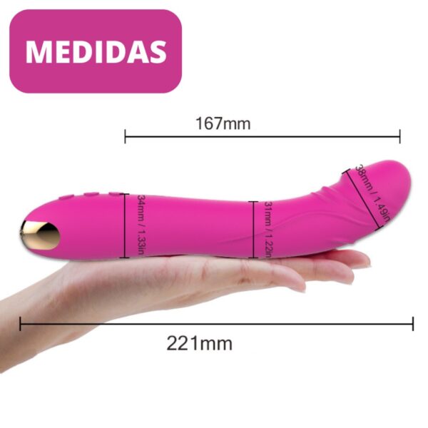 vibrador dildo de silicone na cor rosa com as medidas: 22,1cm de altura por 3,1cm de largura e 3,8cm de largura na glande