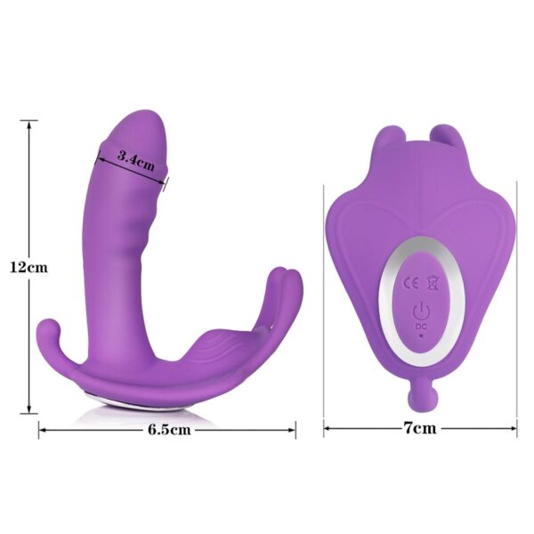 vibrador de calcinha com dildo roxo mostrando o tamanho: 12 centímetros de altura, por 3,4centímetros de diâmetro e 6,5 centímetros de largura