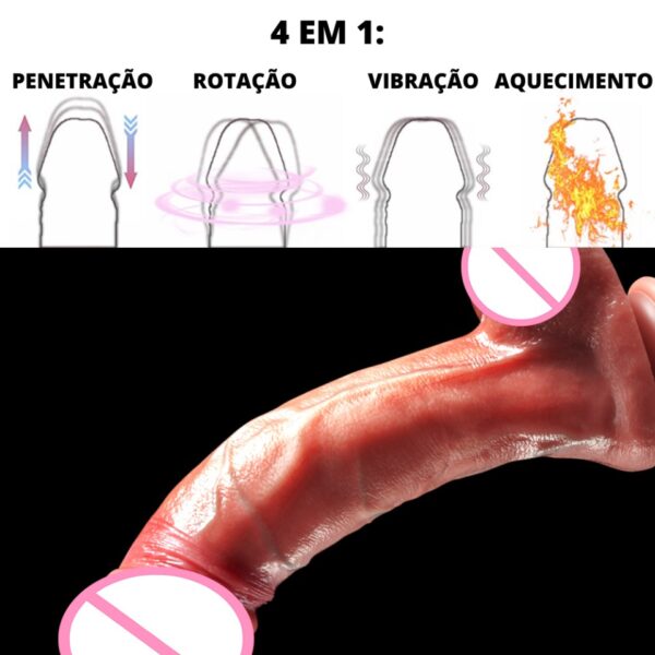 imagem do vibrador em formato de pênis realista feito de silicone com dizeres: 4 em 1 - penetração, rotação, vibração e aquecimento