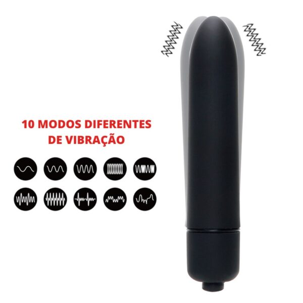 vibrador de silicone pequeno em formato de munição, com dizeres: 10 modos de vibração diferentes