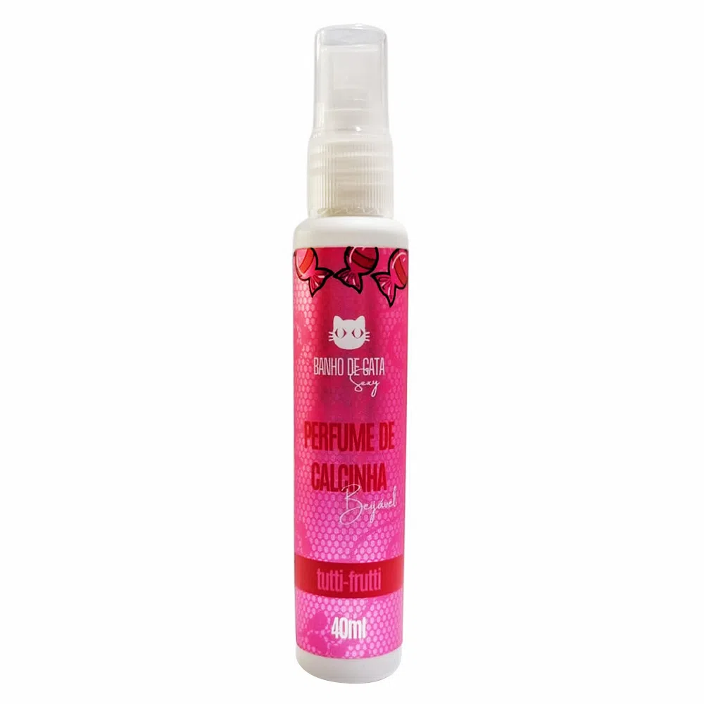 tubo de perfume de calcinha spray com dizeres: perfume de calcinha beijavel sabor tutti-frutti, contpem 40ml da marca Banho de Gata sexy