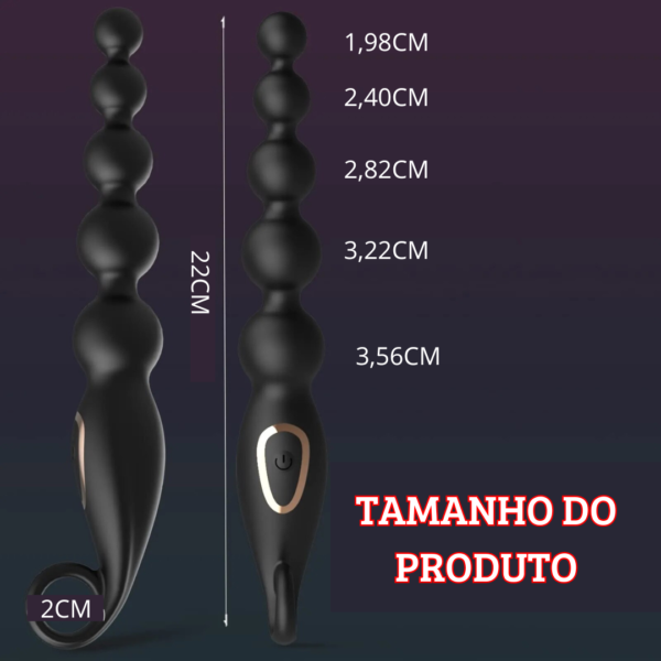 imagem do plug anal vibrador masculino com dizeres: tamanho do produto: 22 centímetros de comprimento e grossura máxima de 3,56 centímetros