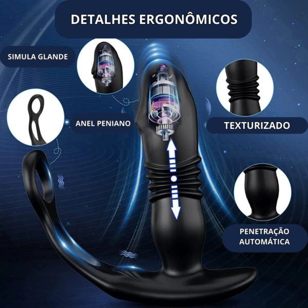 imagem de plug anal vibrador com anel peniano vibratório com dizeres: detalhes ergonômicos, simula glande, anel peniano, texturizado e penetração automática