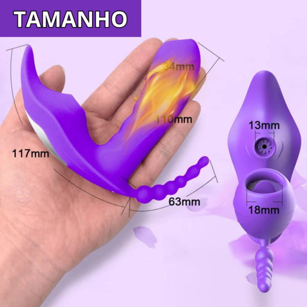 imagem de vibrador de calcinha com sugador de clitoris e plug anal na cor roxa e os dizeres: tamanho: 117 milímetros de comprimento da base por 110 milímetros de comprimento total e 34 milímetros de grossura