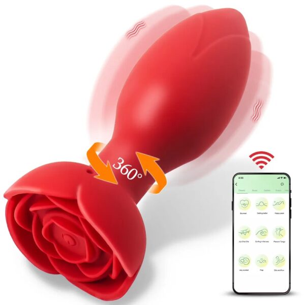 imagem de plug anal vibrador masculino controlado por app em formato de rosa na cor vermelha