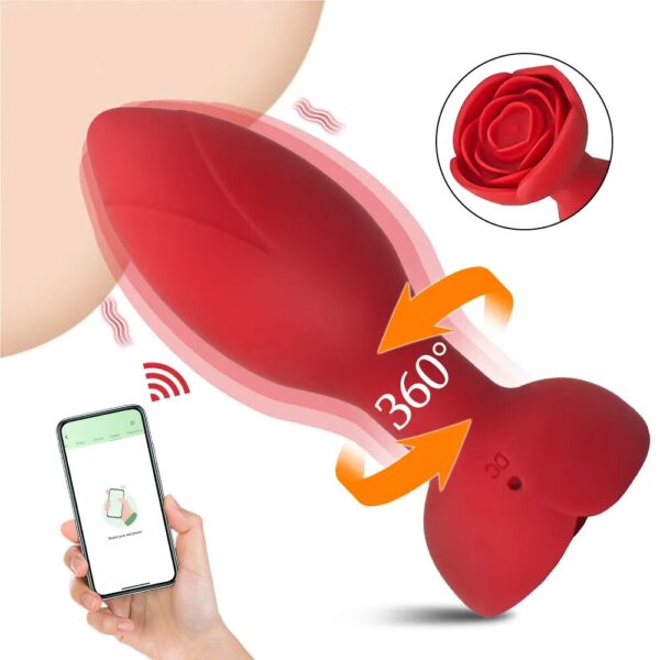 imagem mostrando plug anal em formato de rosa na cor vermelha, controlado por app e que rotaciona 360 graus