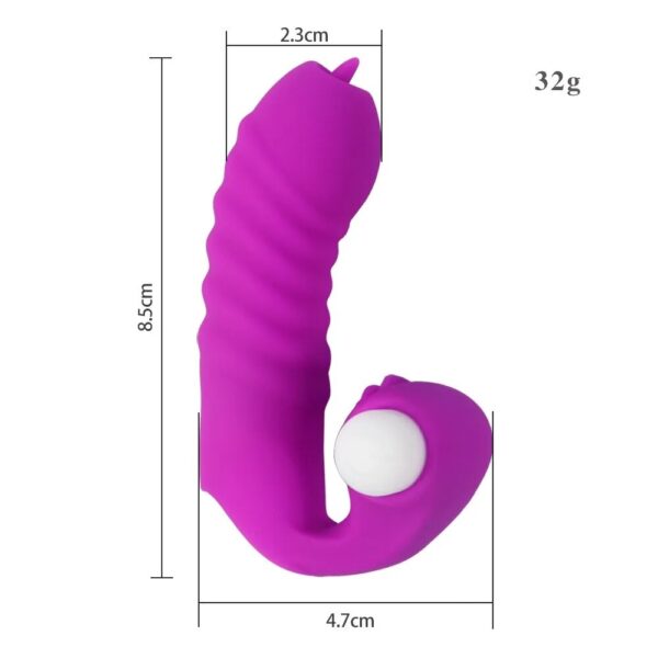 medidas do brinquedo erótico vibrador de dedo roxo: 8,5cm de altura por 2,3cm de grossura