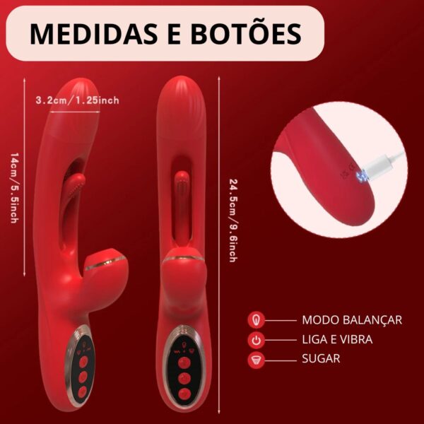 vibrador triplo com sugador de clitoris e vai e vem com tamanho total de 24,5 centímetros, área penetrável de 14 centimetros e largura de 3,2 centímetros