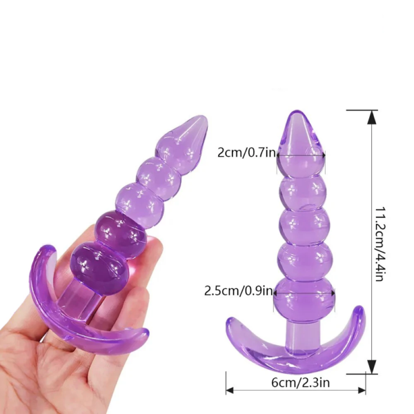 plug anal de silicone roxo com 11,2 centimetros de altura por 2 centímetros de largura e 2,5 centímetros de largura na bola mais larga