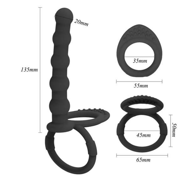 Dildo Anal Para Dupla Penetração com Anel Peniano com 13,5 centímetros de comprimento por 2 centímetros de largura penetrável. Anel peniano possui 3,5 centímetros expansível em silicone